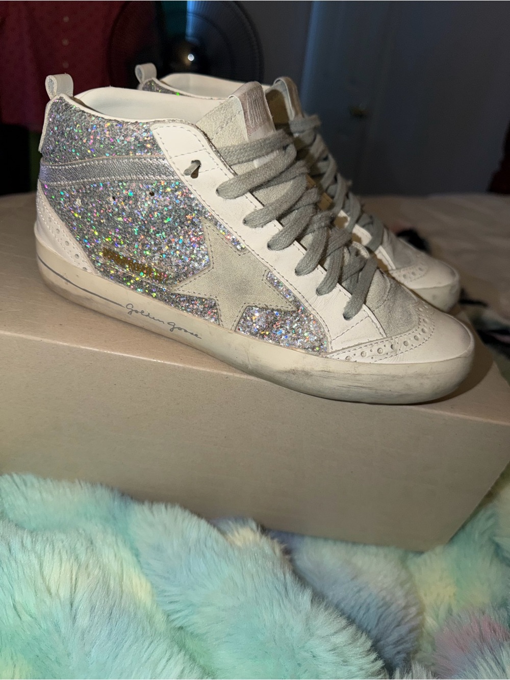 Golden Goose White and Silver Holographic Mid-Top Sneakers